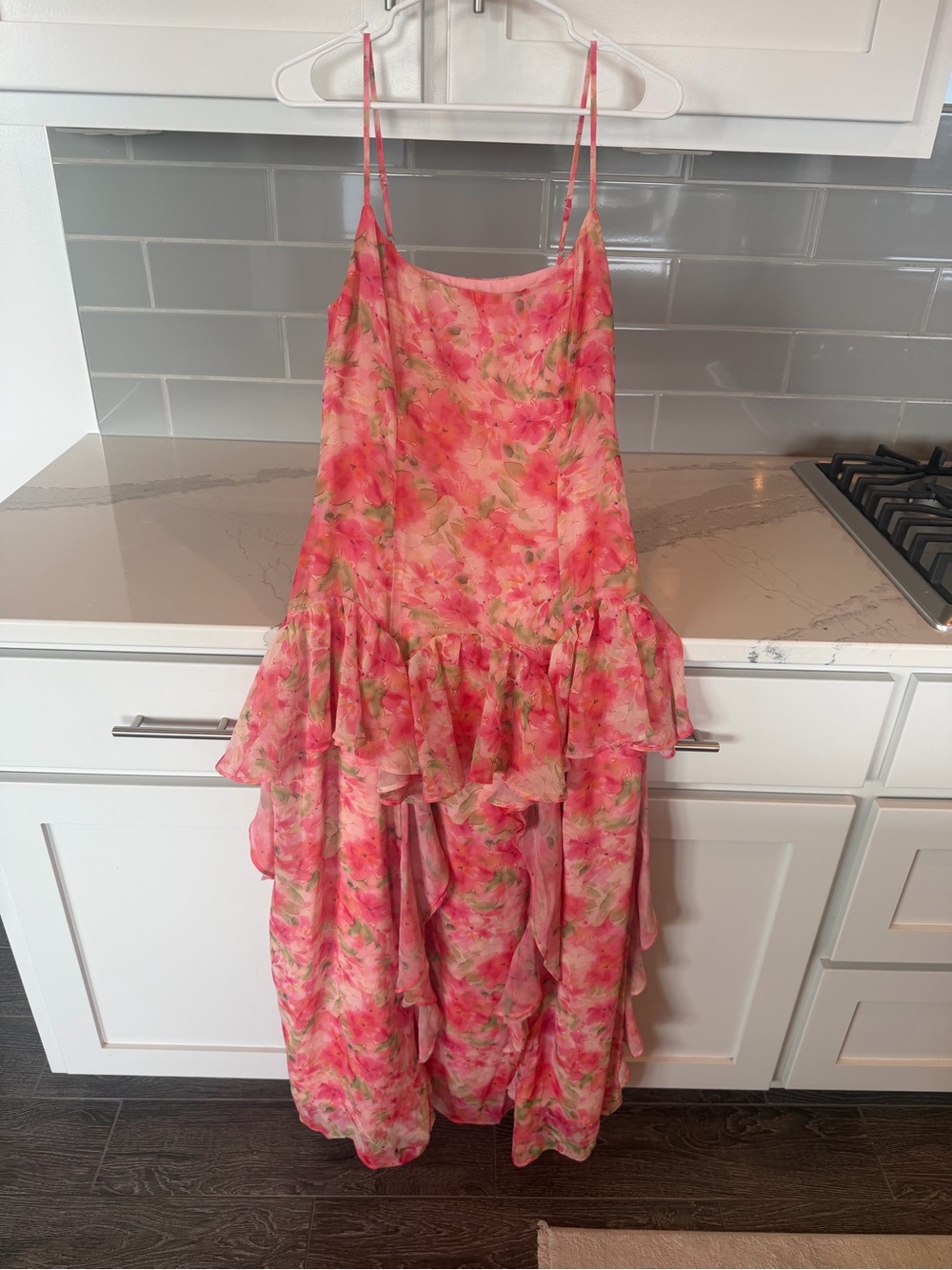 Womens Pink Floral Ruffle Strap Dress